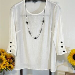 JM Collection White Ribbed 3/4 Sleeve Blouse